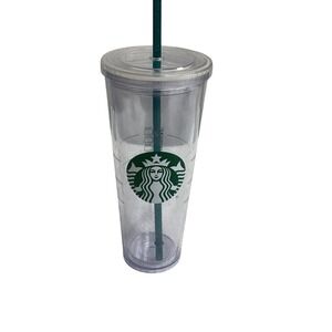 Starbucks Double Wall Cold Cup Tumbler Straw Venti 24 oz Clear‎ Green Logo Venti